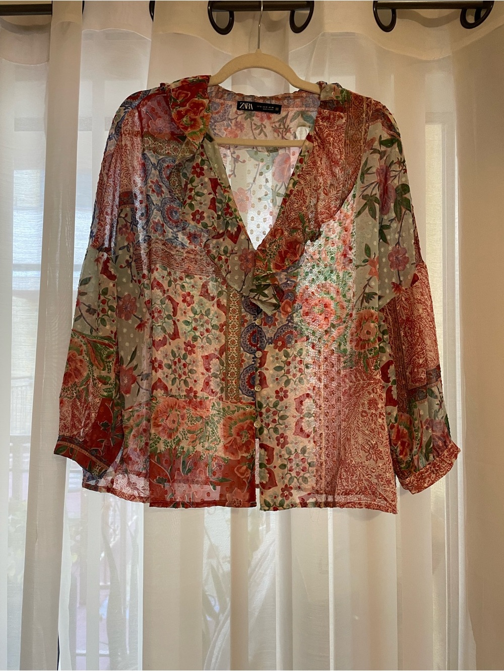 Zara Sheer Floral Patchwork Blouse in Red, Green & Cream